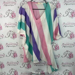 Dotti vintage top tshirt asymmetrical hem Colorful Striped V-Neck Women's Top